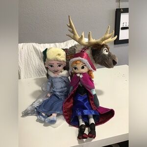 DISNEY STORE ANNA 16”, ELSA 18” PRINCESS & SVEN THE REINDEER STUFFED PLUSH